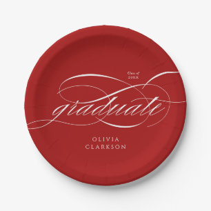 Assiettes En Carton Red Modern Elegant Script Photo Graduation Party