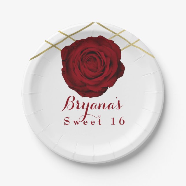 Assiettes En Carton Red Rose & Gold Lines Floral Elegant Party Custom (Devant)