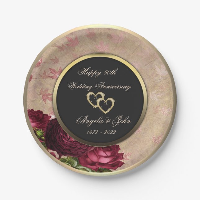 Assiettes En Carton Red Roses Coeurs 50e anniversaire de Mariage (Devant)