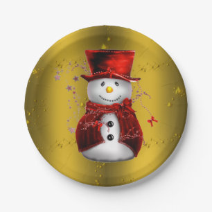 Assiettes En Carton Red Snowman sur Gold Christmas