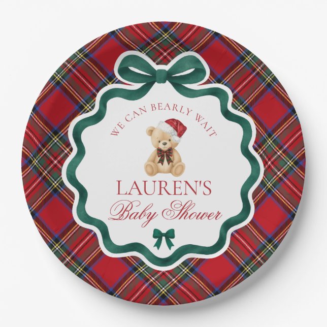 Assiettes En Carton Red Tartan Plaid Christmas Bear Baby Shower  (Devant)