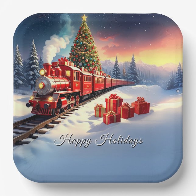Assiettes En Carton Red Train Christmas Tree Holiday Paper Plate (Recto)