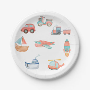 Assiettes En Carton Red Watercolor Transport Garçon fête d'anniversair