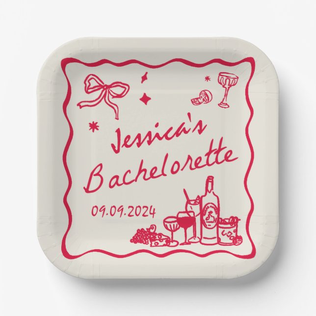 Assiettes En Carton Red Whimsical Beach Bachelorette (Recto)