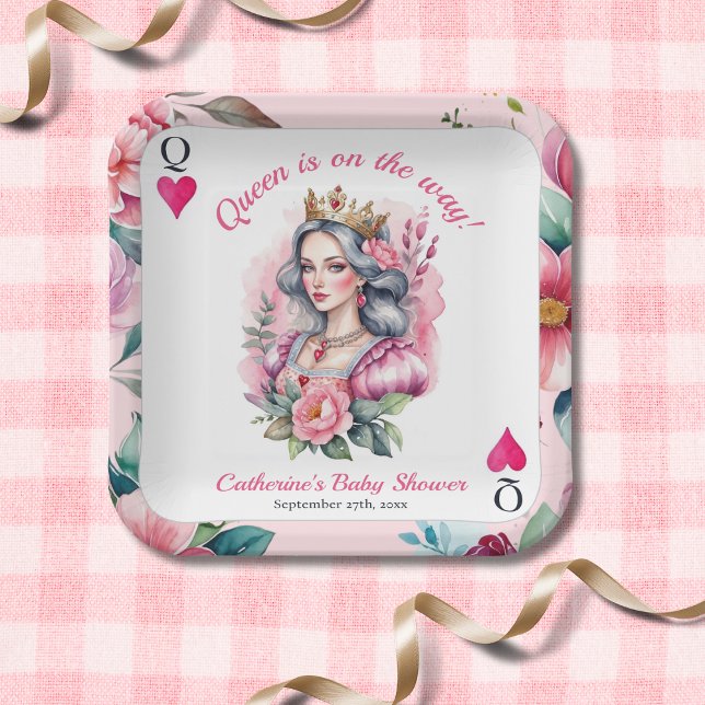 Assiettes En Carton Reine Des Coeurs Jouer Carte Baby shower rose (Créateur téléchargé)
