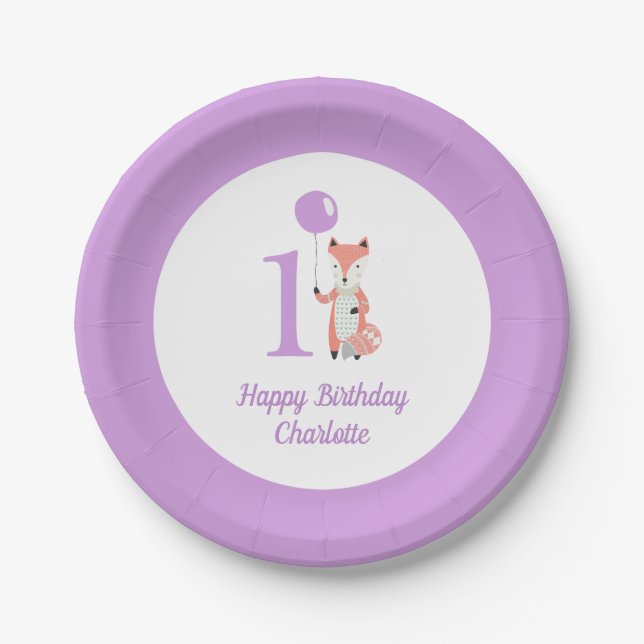 Assiettes En Carton Renard blanc et ballon violet joyeux anniversaire  (Devant)