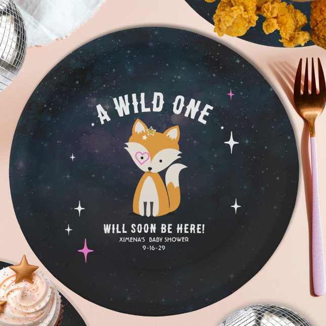 Assiettes En Carton Renard cosmique Wild One Rose Girl Baby shower (Créateur téléchargé)