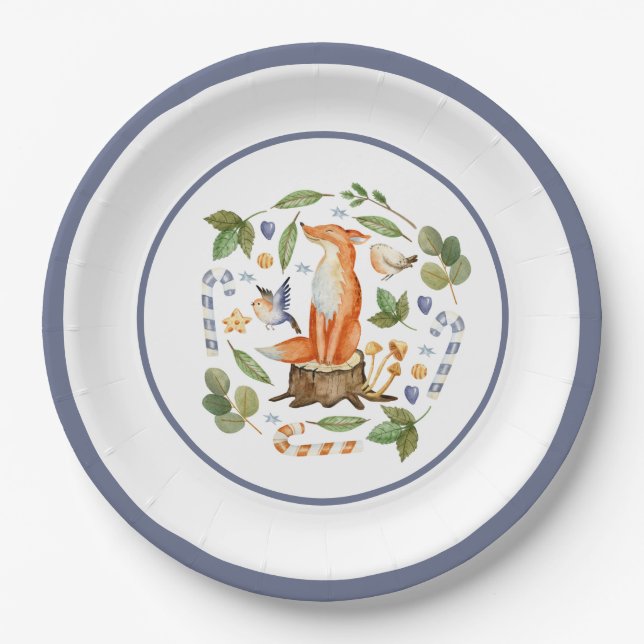 Assiettes En Carton Renard d'hiver sur Tree Stump Feuilles Sucres de c (Devant)