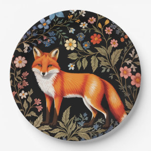 Assiettes En Carton Renard Élégant Fleurs Couleurs sur Fond Noir