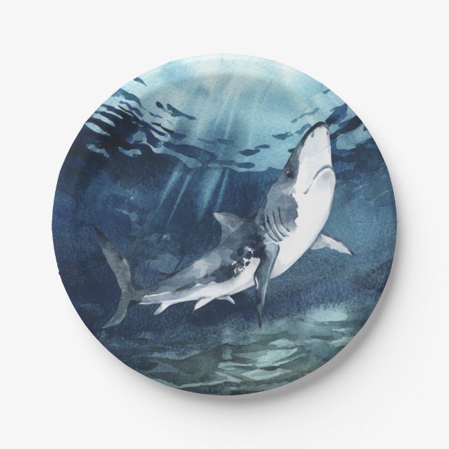 Assiettes En Carton Requin gris et blanc dans l'Océan bleu  (Devant)