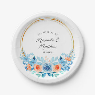 Assiettes En Carton Ressort Aquarelle Bleu Orange Florals Mariage Or