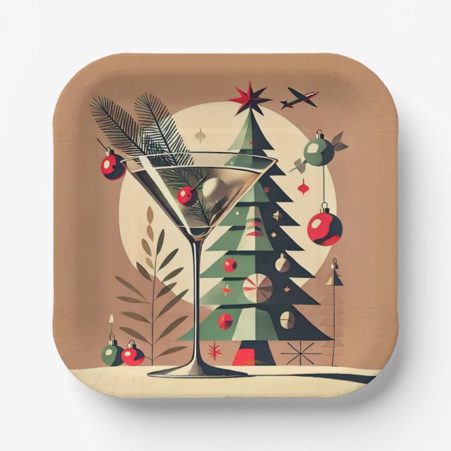 Assiettes En Carton Retro 50s Jet Set Martini de Noël arbre (Recto)