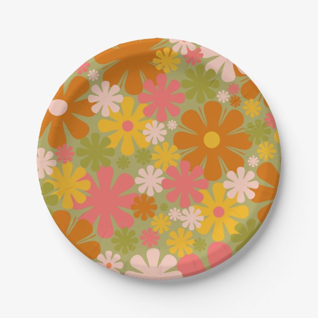 Assiettes En Carton Retro 60s les années 70 esthétique motif floral pl (Devant)