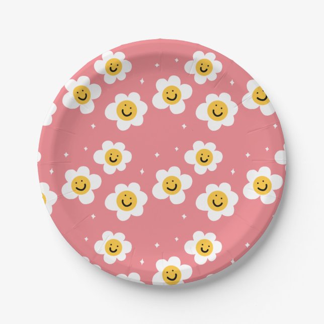 Assiettes En Carton Retro Abstrait Funky 60s Emoji Daisy Motif (Devant)