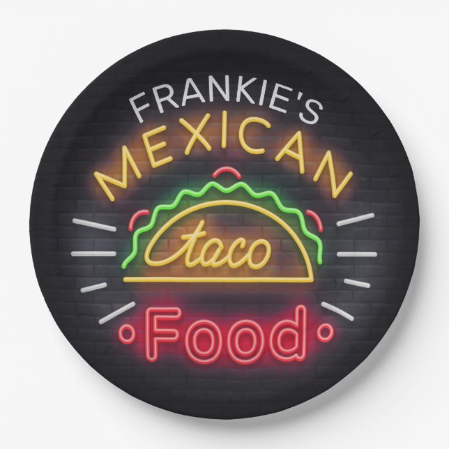 Assiettes En Carton Rétro ADD NAME Faux Neon Mexican Food Taco Diner (Devant)