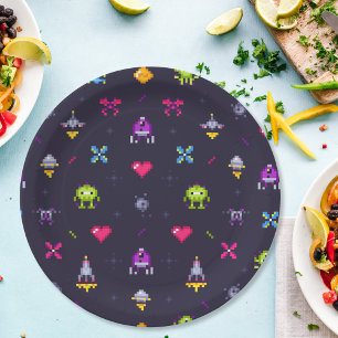 Assiettes En Carton Retro Arcade Jeu Motif fête d'anniversaire