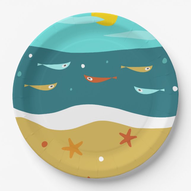 Assiettes En Carton Retro Beach Été Milieu du siècle moderne (Devant)