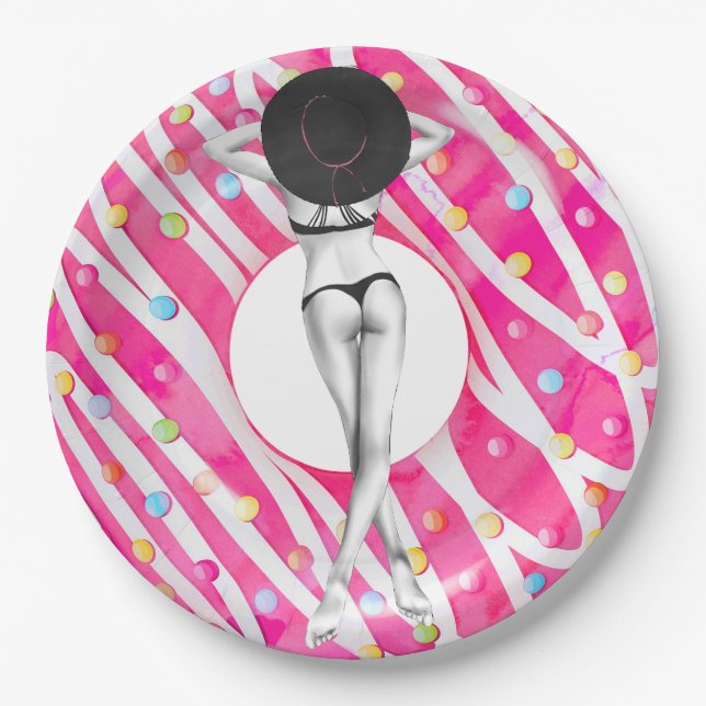 Assiettes En Carton Retro Bikini Girl Birthday Pool Party (Devant)