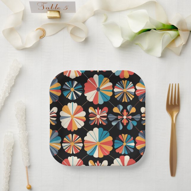 Assiettes En Carton Retro Black Rainbow geometric Flowers Pattern  (Mariage)