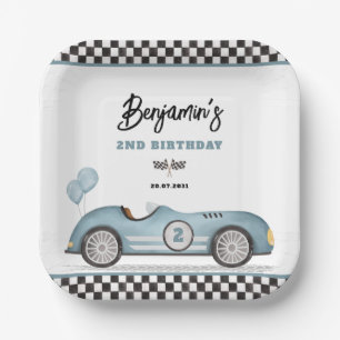 Assiettes En Carton Retro Blue Race Car Two Fast Boy 2e anniversaire