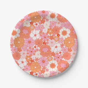 Assiettes En Carton Rétro Boho Fleurs Roses Orange Mignonnes