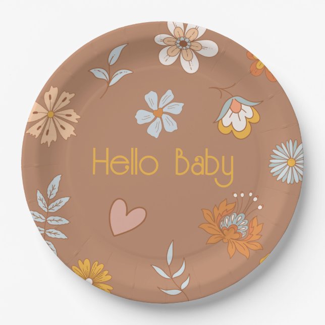 Assiettes En Carton Retro Boho Floral Baby shower Hello Baby Tableware (Devant)
