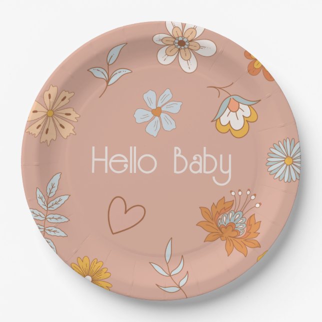 Assiettes En Carton Retro Boho Floral Baby shower Hello Baby Tableware (Devant)