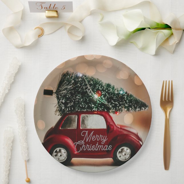 Assiettes En Carton Retro Car Carrying Christmas Tree Paper Plates (Mariage)