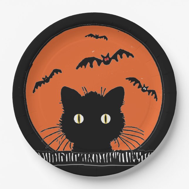 Assiettes En Carton Rétro chat noir étonné Halloween 9" plaque à (Devant)
