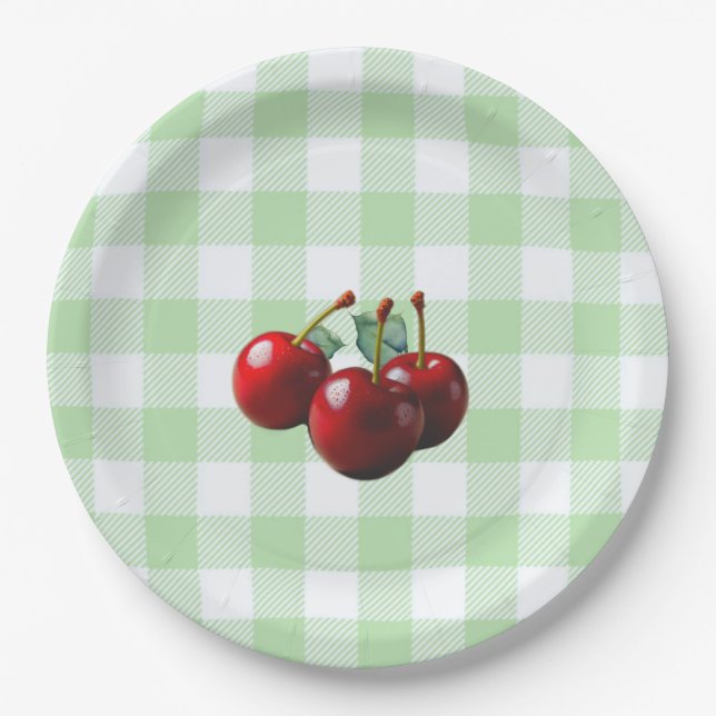 Assiettes En Carton Retro Cherries fresh picked green gingham (Devant)