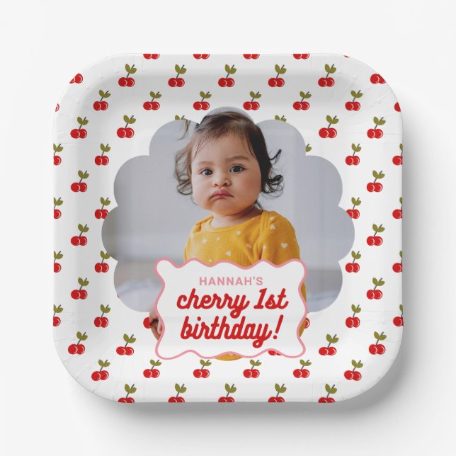 Assiettes En Carton Retro Cherry 1er anniversaire Photo Party (Recto)