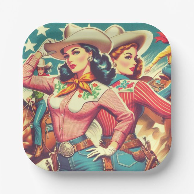 Assiettes En Carton Retro Cowgirls Pin-ups (Recto)