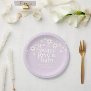 Assiettes En Carton Retro Daisy boho Peace Love Baby shower lilas
