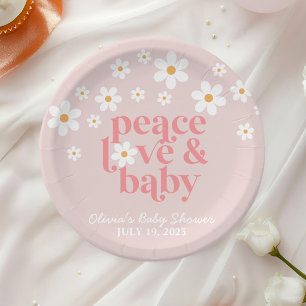 Assiettes En Carton Retro Daisy Boho rose Peace Love Baby shower