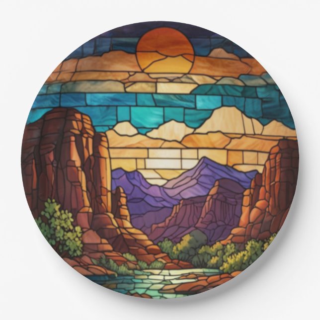 Assiettes En Carton Retro desert scene Sedona mountains stainglass art (Devant)