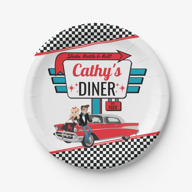 Assiettes En Carton Retro Diner 1950 Blanc, Turquoise, Red Birthday Pa (Devant)
