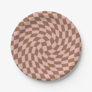 Assiettes En Carton Retro Dusty Brown Pink Checks Warped Checkerboard
