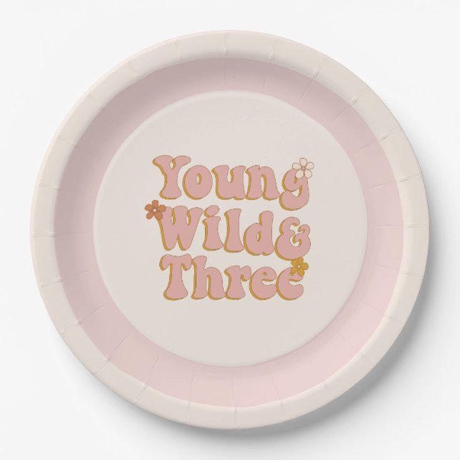 Assiettes En Carton Retro Floral 3e anniversaire Young Wild & Three (Devant)