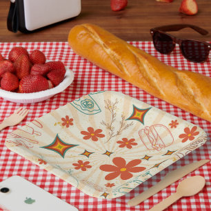 Assiettes En Carton Retro Floral Fast Food Motif
