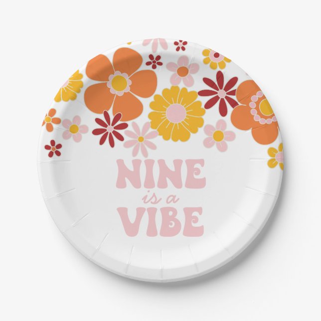 Assiettes En Carton Retro Floral Nine est un Vibe 9e anniversaire (Devant)