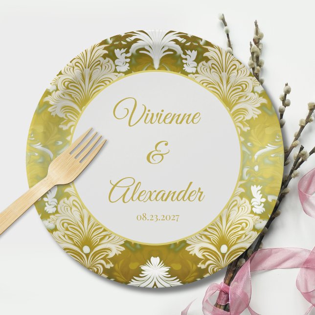 Assiettes En Carton Retro Gold Green Mariage damassé (Créateur téléchargé)
