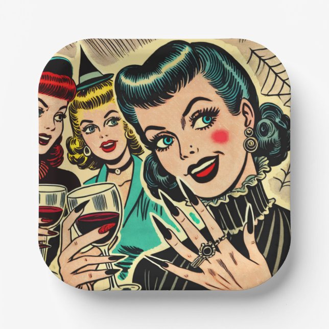 Assiettes En Carton Retro gothique Halloween Girls Comics (Recto)