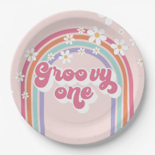 Assiettes En Carton Retro Groovy Un Arc-en-ciel Rose
