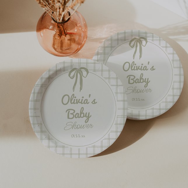 Assiettes En Carton Retro Hand Drawn Green Bow Gingham Baby Shower  (Créateur téléchargé)