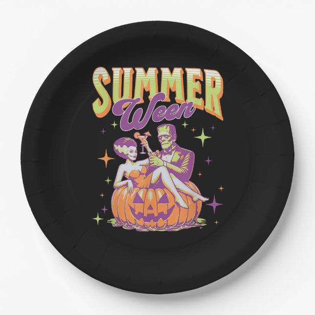 Assiettes En Carton Retro Happy Summerween Funny Frankenstein Monster  (Devant)