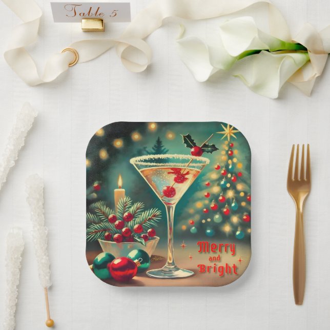 Assiettes En Carton Retro les années 50 Merry Bright Christmas Cocktai (Mariage)