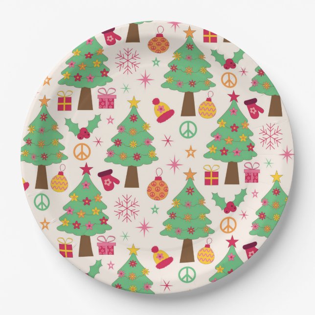 Assiettes En Carton Rétro les années 70 Super Noël Arbres Motif (Devant)