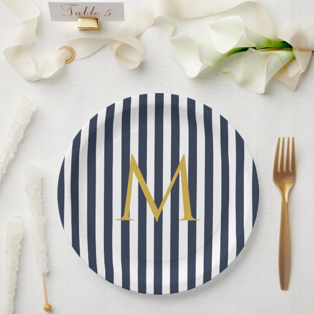 Assiettes En Carton Retro Monogramme Marine Bleu & Blancs Gratuits (Mariage)