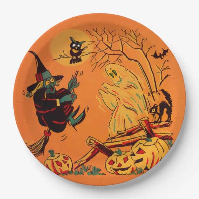 Assiettes En Carton Retro Orange Witch Halloween  (Devant)