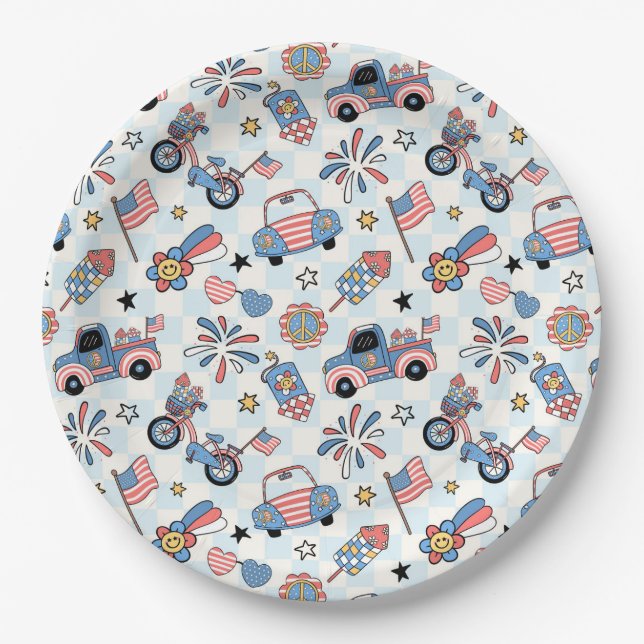 Assiettes En Carton Retro Patriotic USA 4 juillet (Devant)